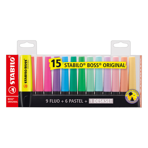 Stabilo BOSS ORIGINAL Highlighters 15-Color 9 Fluorescent & 6 Pastel Desk Set